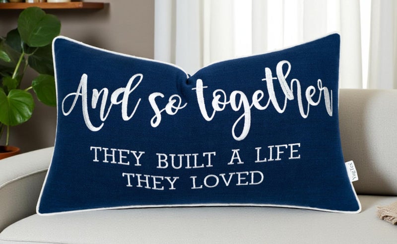 YugTex Romantic Couple Love Sentiment Embroidered Decorative Sayings Lumbar Accent Throw Pillowcase - and So Together Phrase Decor for Wedding, Anniversary, Valentine - 12x20 Inches, Navy Blue - Image 1